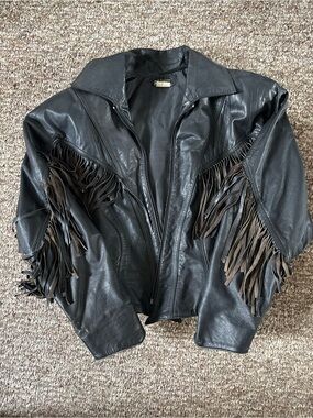 Fringed Black Leather Jacket - Women's Western Style